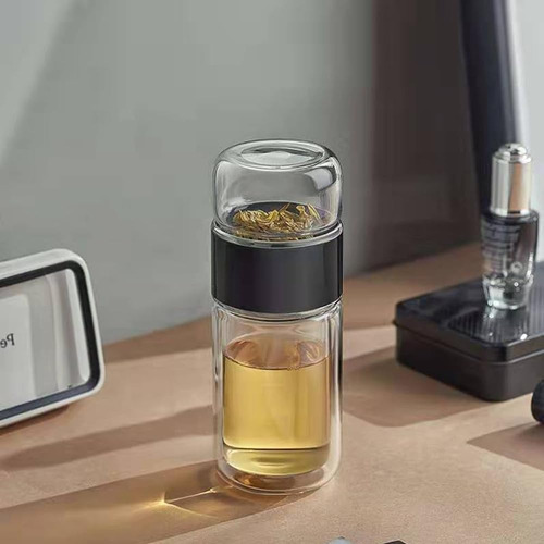 Botella De Vidrio Doble Pared Portátil, Termos Infusor De Té Pared Portátil Negro