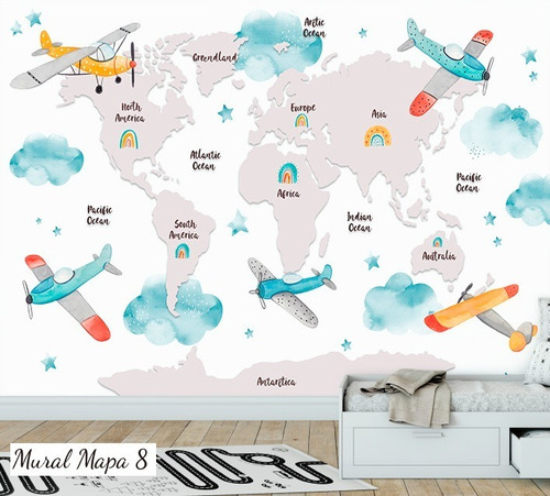 Vinilos Mural Mapa, Mapamundi Animales Deco Gigantografia