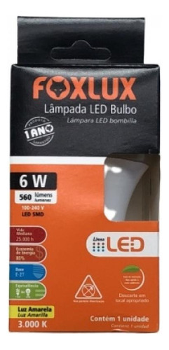Kit 5 Lampada Led Bulbo A60 6w E27 3000k Amarela Bivolt Fox