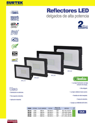 Reflector Delgado Alta Potencia 20w Surtek Rfl20