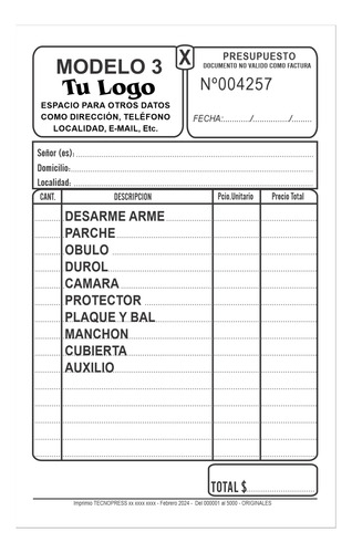 10 Talonario Presupuesto, Nota Pedido, Tamaño 11x17 Numerado