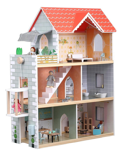 Casa Muñecas Gigante Kit 2.6ft Con Ascensor Y 15 Muebles