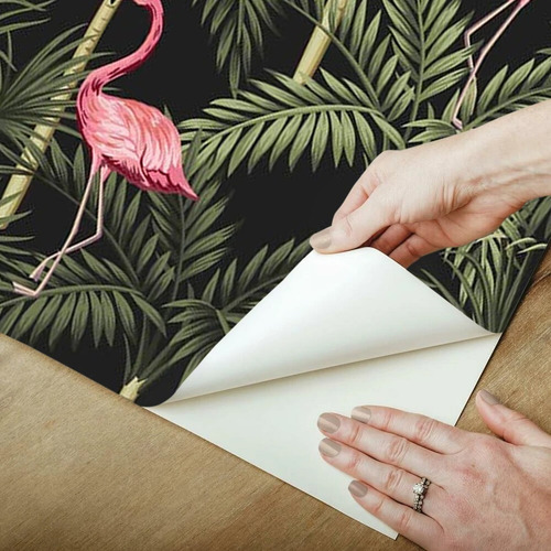 Vinil Decorativo Animales Tapiz Wallpaper Moderno Mod Color Flamingos En Palmeras
