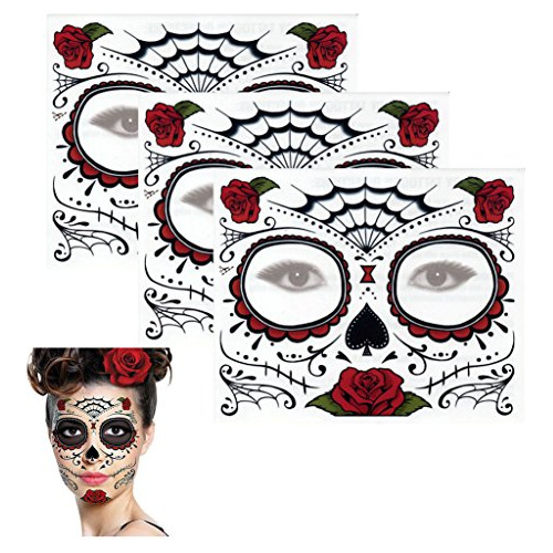 Sugar Skull Tatuaje Temporal Rose Design (3 Kits De Tatuaje)