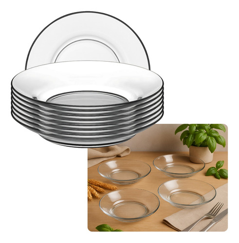 Prato Fundo De Vidro Liso Para Comida Kit Com 4 Unidades