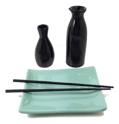 Plato Con 2 Botellas Sushi Sake Soja Oriental China Ceramica