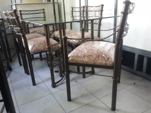 Imagen 2 de 4 de Mesa 180x90 Con 4 Sillas Y 2 Sillones Hierro Forjado Cristal