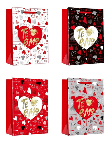 Set 12 Bolsas De Regalo Medianas Te Amo San Valentín 26x32cm