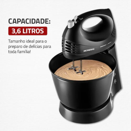 Batedeira Prática B44 B-44 Mondial Potência De 400w Capacidade De 3,6 Litros Com 3 Velocidades E Turbo Batedores Em Aço Cromado Plugue 2 Pinos Preto