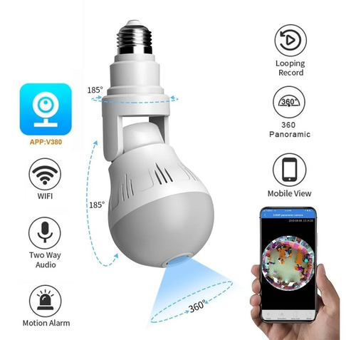 Imagen 2 de 9 de Camara Wifi Lampara Espia 360 1080 Hd C/ Audio Bidireccional