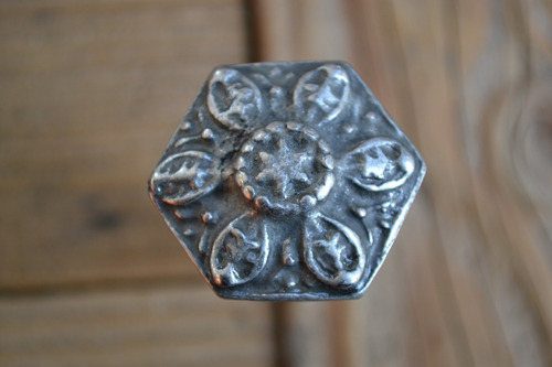 9 Tiradores Perilla Hexagonal Flor Metal Plata Envejecido