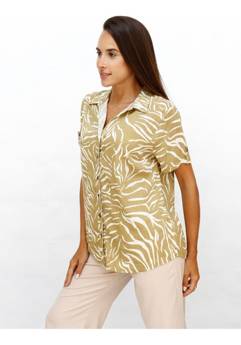 Camisa De Lino Manga Corta Estampada Para Mujer