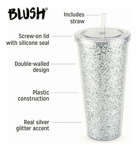 Glam Silver Vaso De Doble Pared Con Purpurina De 24 Onzas