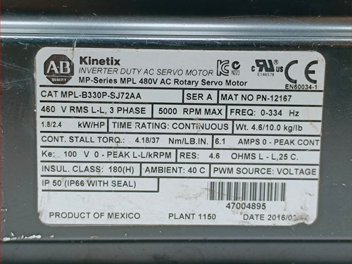 Allen Bradley Mpl-b330p-sj72aa Motor,servo,4,18 Nm,5000rpm,s (Usado)