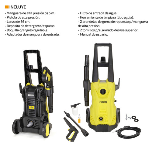 Imagen 7 de 10 de Hidrolavadora Eléctrica Alta Presión Femmto Auto-stop 120bar Color Amarillo y Negro Frecuencia 50 Hz