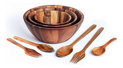 Set De Cuencos De Madera De Acacia Grande Con Utensilios: Tr