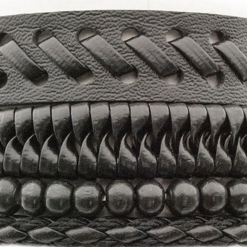 Imagen 2 de 7 de Pulsera Hombre Conjunto 4 En 1 Trenzados Bolitas Cuero Negro