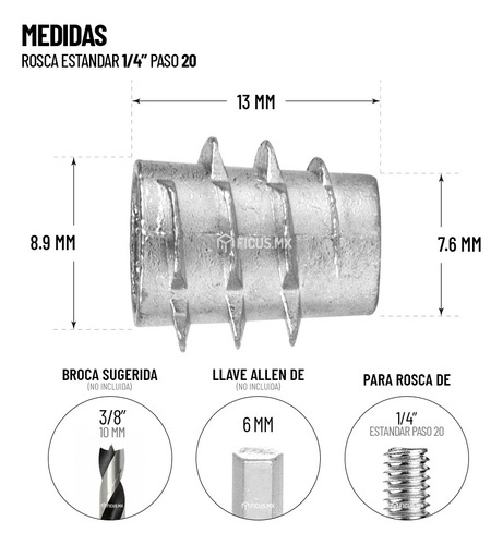 Tuerca Inserto Para Madera 1/4 X 13 Mm Sin Tope 100 Uds