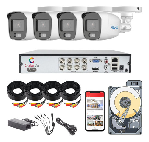 Kit Circuito Cerrado Hikvision Hilook Dvr 8 Canales 4 Camaras 1080p 2mp Full Hd Colorvu Video A Color 24/7 Thc-b129-p color Blanco Cable Coaxial 18mts Disco Duro 1tb