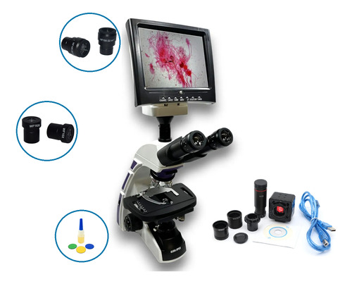Microscopio Trinocular 1600x Com Monitor + Câmera 5mp Usb
