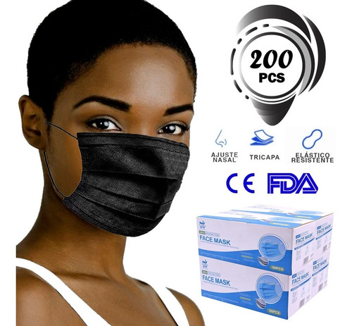 200 Piezas Cubrebocas Tricapa Termosellado Mascarilla Negro