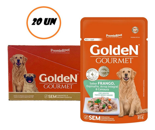 Caixa 20un Sachê Golden Gourmet Frango Cães Ad. Grande 85g