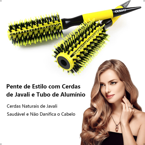 Kit 3 Escova De Cabelo Profissional Cabelo De Javali Cor Amarelo