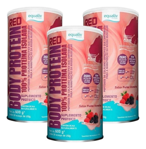 Kit 3 Body Protein 100% Frutas Vermelhas 600g Equaliv