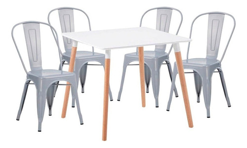 Juego De Comedor Eames Mesa Cuadrada 80cm + 4 Sillas Tolix Color Blanco Diseño De La Tela De Las Sillas Liso