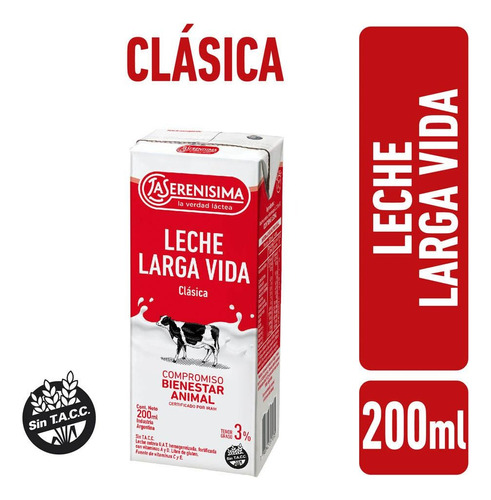 Leche La Serenisima Larga Vida Entera 3% 200ml X24 Unidades