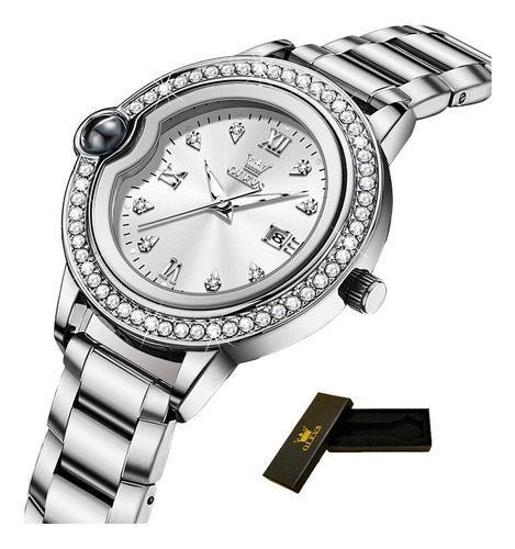Relógio de diamante de luxo Olevs Luminous Calendar, cor de pulseira prateada