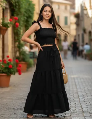 Conjunto Menina Infantil Juvenil Saia Longa E Cropped Dunas Preto Liso 8 A 10