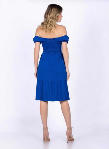 Imagem 4 de 6 de Vestido Malha Ombro A Ombro Com Manga Elastex Azul Royal