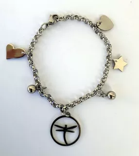 Pulsera Con Dije Libelula Y Corazones En Acero Quirurgico