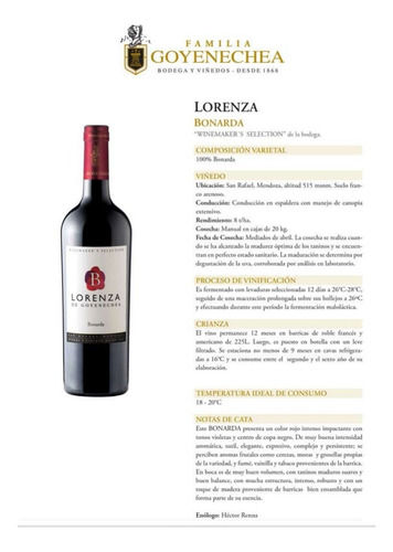 Vino Tinto Lorenza Bonarda De Bodega Goyenechea