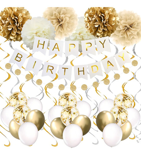 Kit De Decoración Para Cumpleaños Globos Dorados Y Blancos