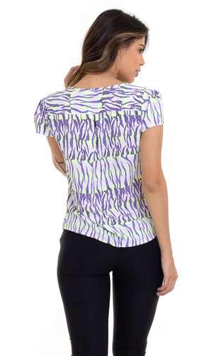 Blusa Kinara Crepe Estampada Botões Roxo