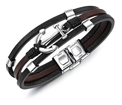 Nueva Elegante Pulsera Tejida Cuero Acero Ancla B221 Hombre