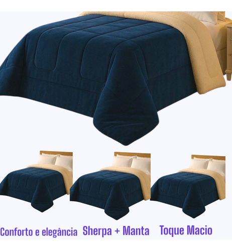 Coberdrom Cobertor Casal Queen Pele De Carneiro Quentinho Azul-marinho