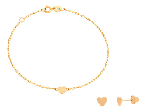 Conjunto Pulseira E Brinco Coração 5mm Em Ouro 10k