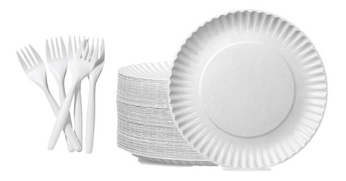 Pack 100 Plato De Carton Blanco + 100 Tenedores Desechables