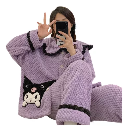 Pijama feminino Kawaii Anime, lindo conjunto de blusa de pelúcia e