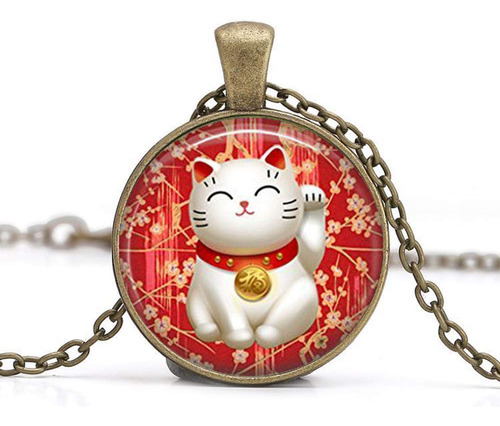 Collar Gato Suerte Colgante Maneki Neko Buena Bronce Cadena