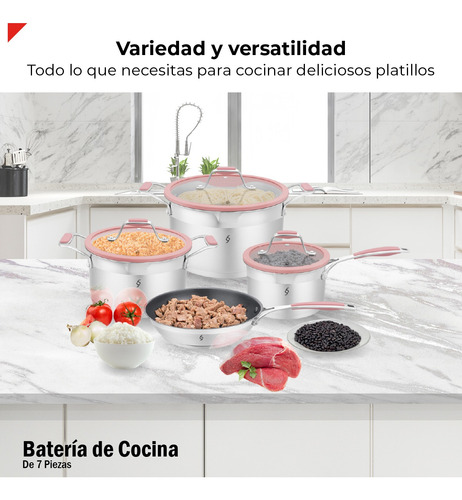 Bogner Batería De Cocina 7 Pz Acero Inox Bcps06 Rosa Rosa