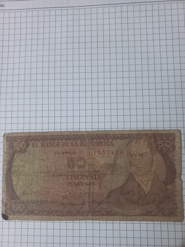 Billete Antiguo De Colombia 50 Pesos Oro