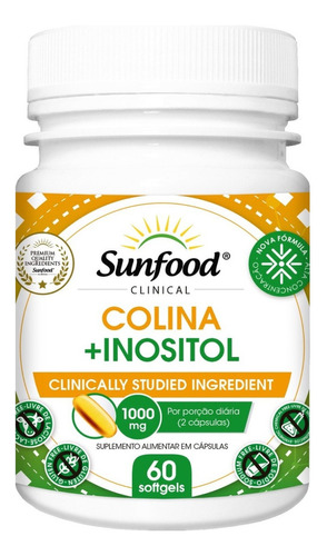 Colina + Inositol 1000mg 60 Cap Sunfood Memoria Alzheimer Sabor Sem sabor