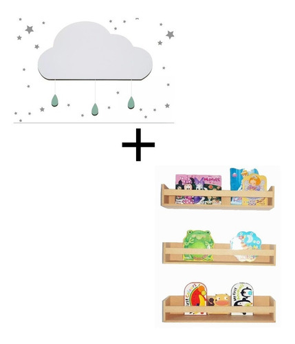 Set Velador Infantil Nube Sin Gotas + 3 Repisas 50 Cm  Niño