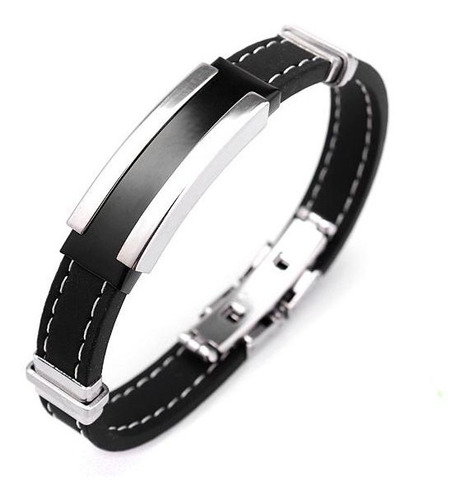 Hombres Plata Acero Inoxidable Brazalete Brazalete Negro Gom