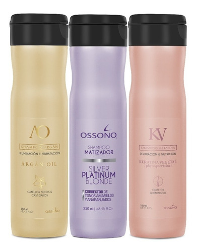 Shampoo Kerartina Argan Matizadora Ossono 250ml Kit X3 Combo