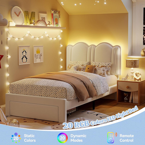 Base De Cama Enhomee C/cajón & Luces Led Individual Crema